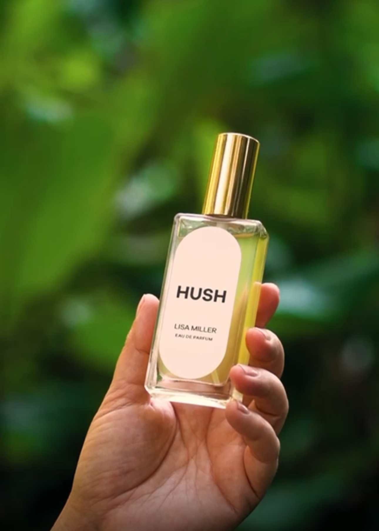 Hush 50ml eau de perfume glass bottle held against soft foliage